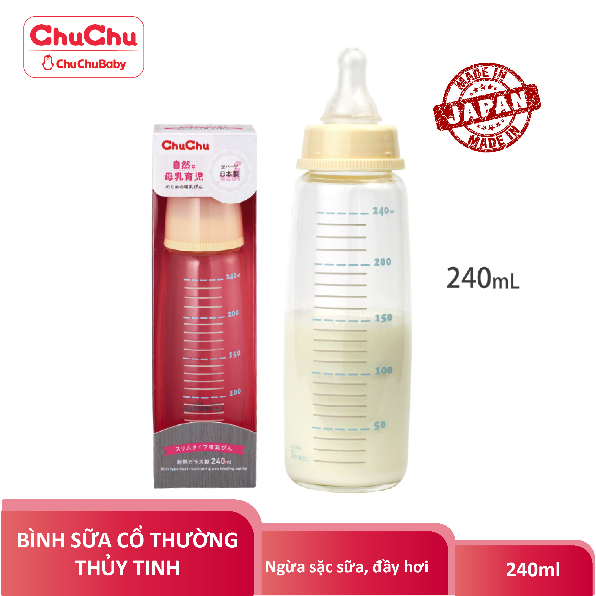 Combo Bình Sữa  PPSU Cổ Thường 240ML + 1 Núm Vú Silicon Siêu Mềm (chống đầy hơi, sặc sữa) Chuchubaby