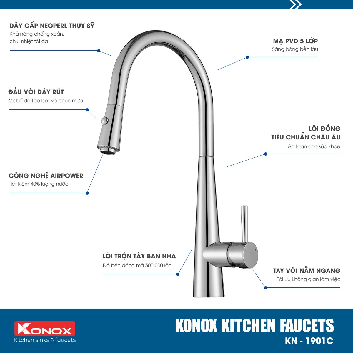 Vòi rửa bát rút dây Konox, Model KN1901C, Inox 304AISI tiêu chuẩn châu Âu, mạ PVD 5 lớp sáng bóng, Hàng chính hãng