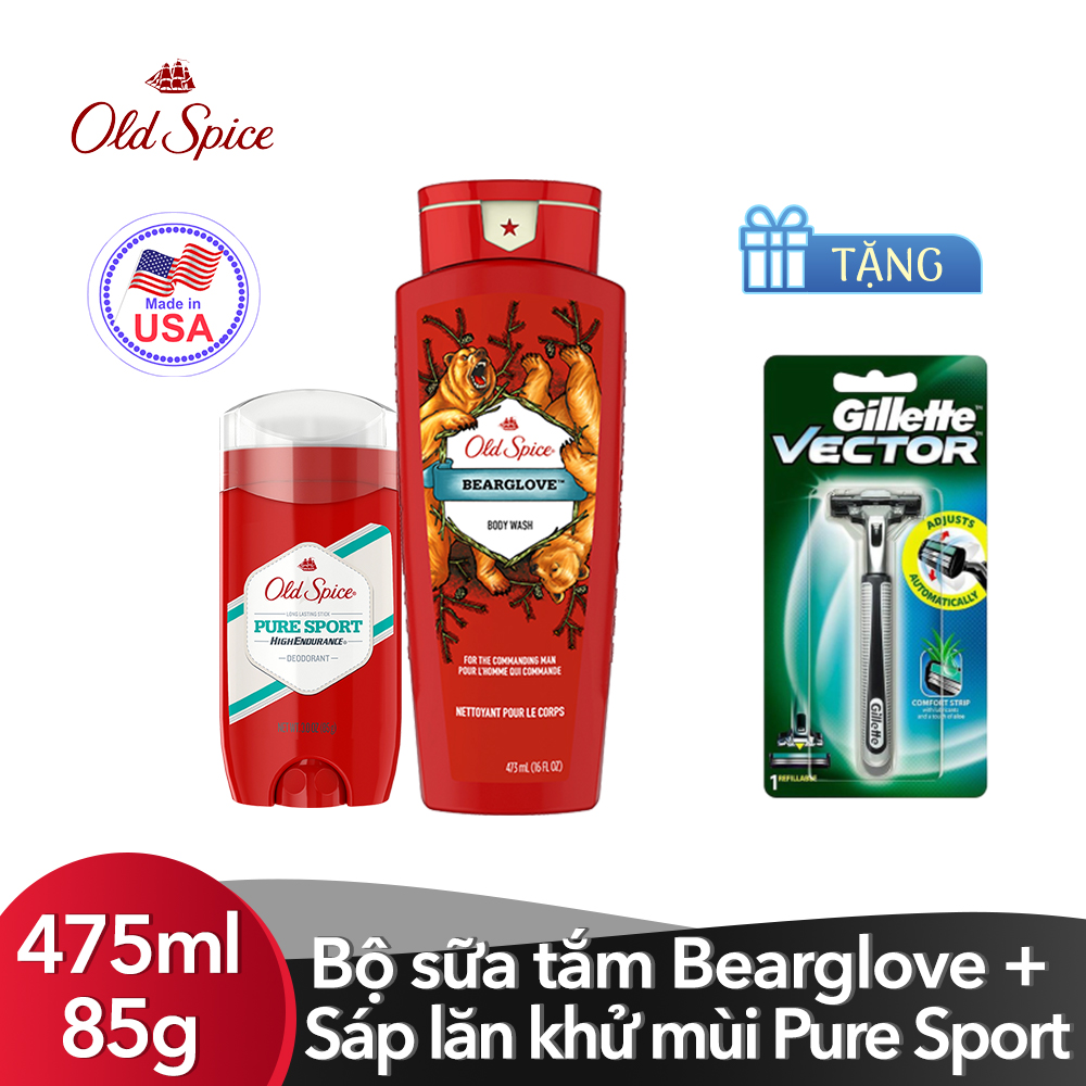 Bộ sữa tắm Old Spice Bearglove 473ml + Sáp lăn khử mùi Old Spice Pure Sport 85g [Tặng kèm Dao cạo Gillette Vector]