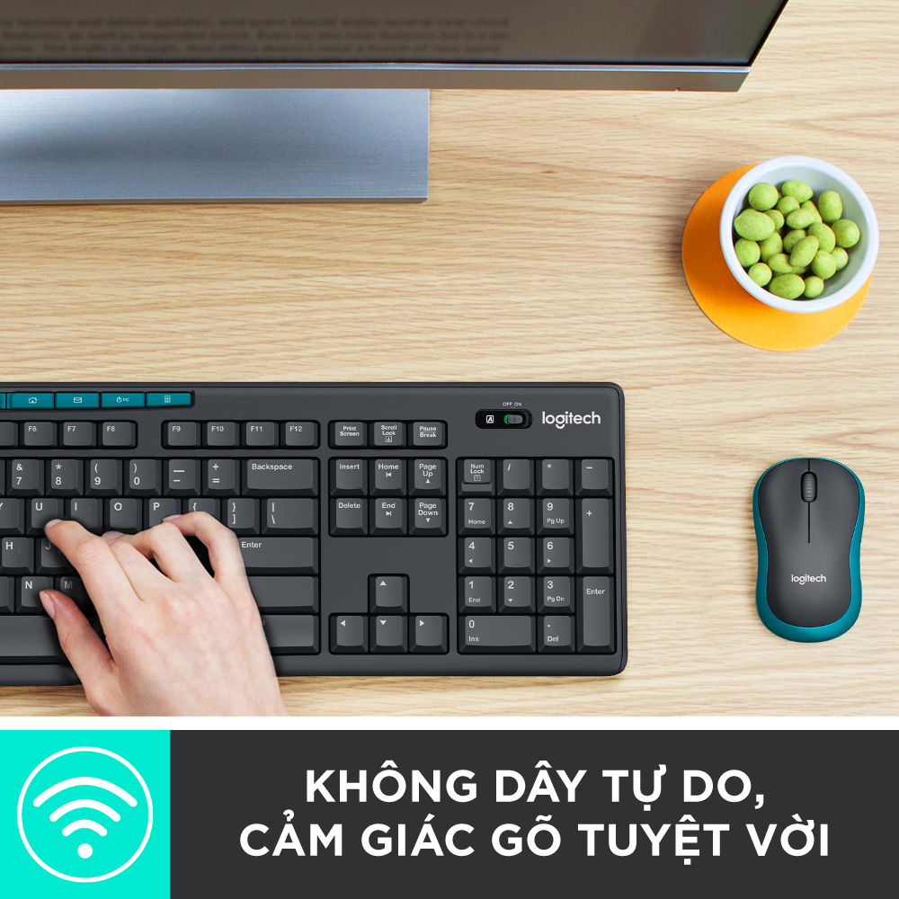 Combo chuột phím không dây Logitech MK275 - Phím media và viền chuột có màu xanh nổi bật, 1 đầu thu USB, pin lâu vượt trội - Hàng chính hãng