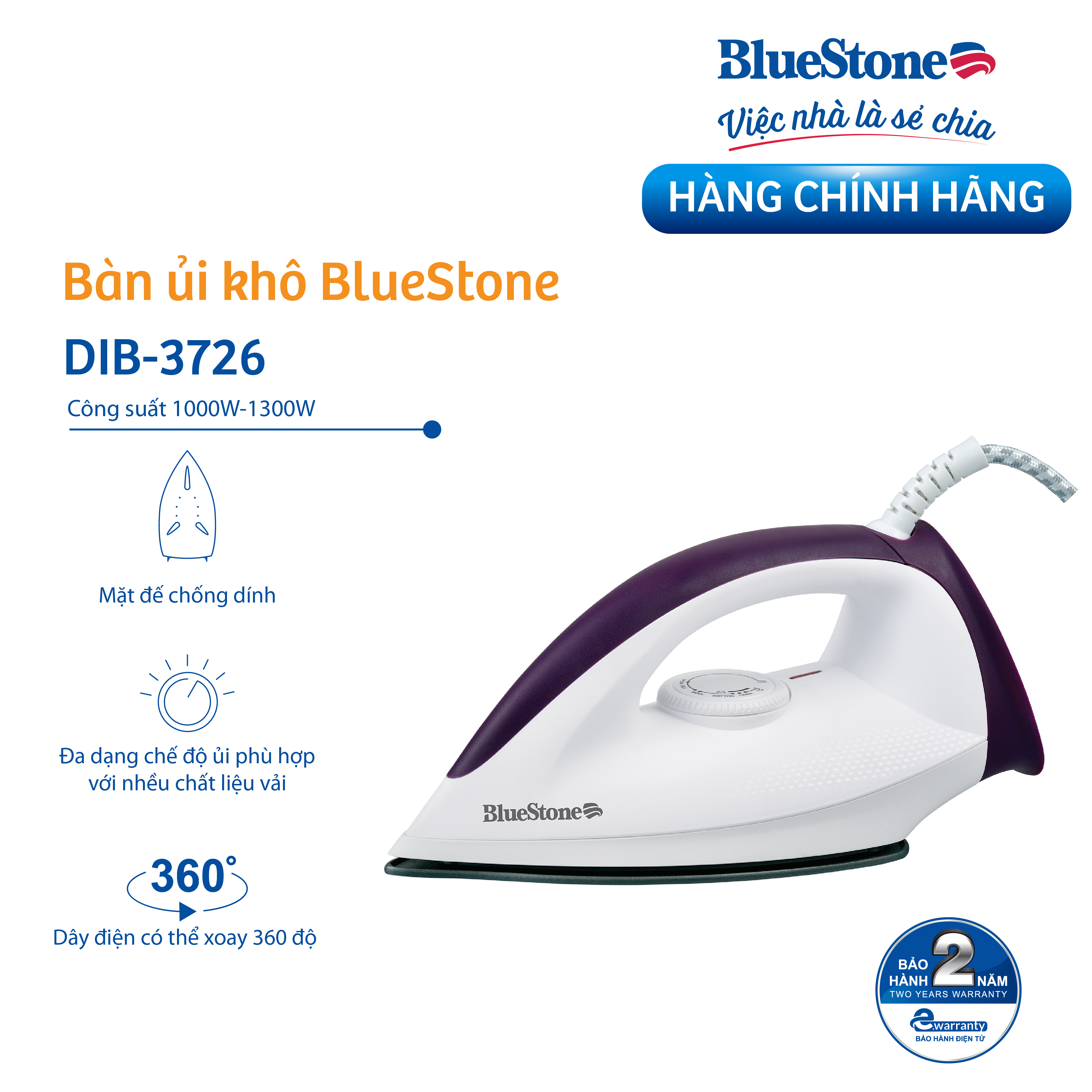 Bàn Là Khô Bluestone DIB-3726 (1300W) - Hàng Chính Hãng