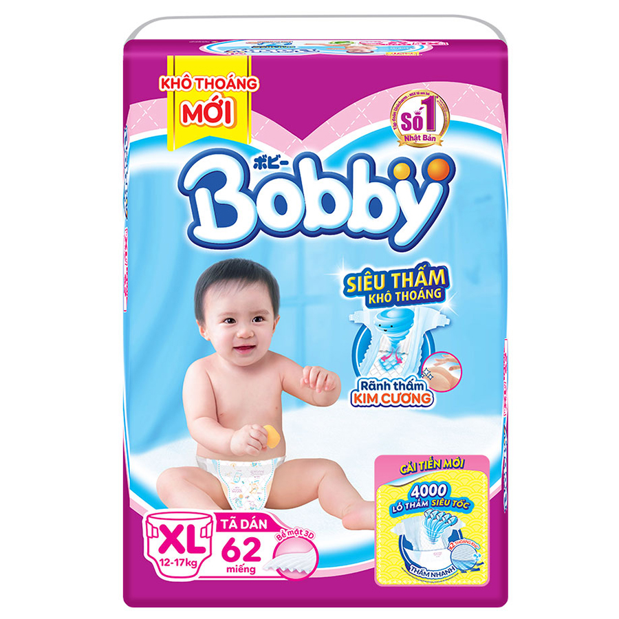 Tã Dán Bobby Siêu Mỏng Thấm Gói Siêu Lớn XL62 (62 Miếng)