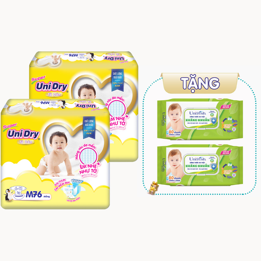 Combo 2 Tã Dán UniDry Gói Đại - Tặng 2 gói khăn ướt Unifresh Aloevera 80M