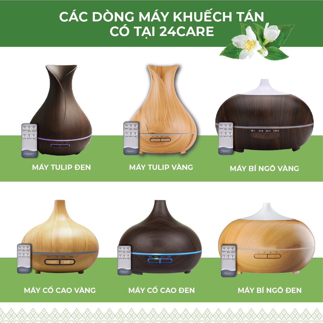 Máy khuếch tán Tinh Dầu 24Care Tulip màu Vàng Ultrasonic 500ml, Tặng 2 Chai Tinh dầu Sả Chanh + 1 chai Oải Hương 24Care 10ml | Xông Phòng | Kèm Remote Điều Khiển |Công nghệ siêu âm.