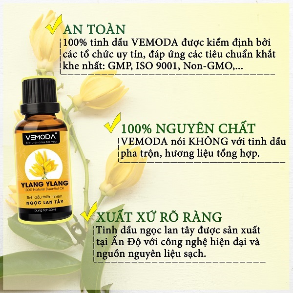 Tinh dầu Ngọc lan tây cao cấp. Ylang ylang Essential Oil. Tinh dầu xông phòng giúp thư giãn, chống trầm cảm, khử mùi, khử khuẩn, chăm sóc da. Tinh dầu thơm phòng cao cấp Vemoda