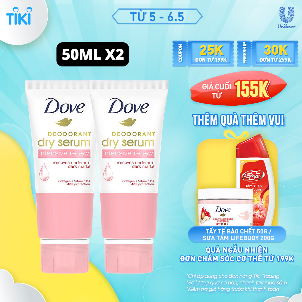 [Nhập ULVDOVE20 giảm 20K] Combo 2 Kem khử mùi Dove tinh chất serum dành cho nữ với Collagen &amp; Vitamin B3 dưỡng da sáng mịn &amp; đều màu, 50ml