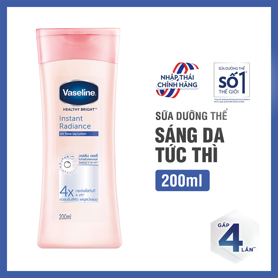 Sữa Dưỡng Thể Vaseline Instant Radiance Sáng Da Gấp 4 Lần Với Vi Chất Phản Quang Cho Da Sáng Khỏe Mịn Màng 200ml