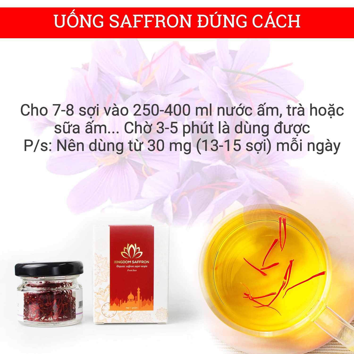 Combo 3 hộp (hộp/1gr) saffron Kingdom Herb, nhụy hoa nghệ tây Iran chính hãng super negin thượng hạng (Tặng táo đỏ Tân Cương 10g và bình nước thủy tinh)