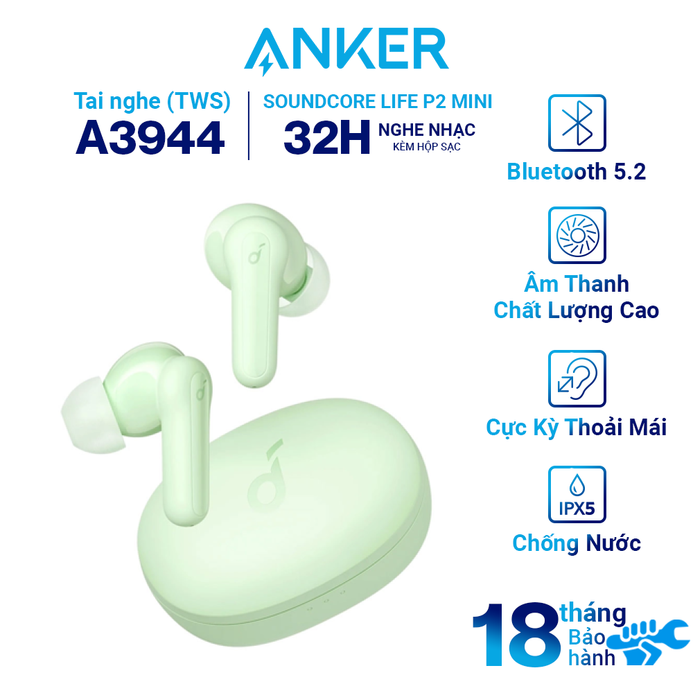 Tai Nghe Bluetooth ANKER Soundcore Life P2 Mini A3944 - True Wireless, Siêu Nhỏ Gọn, Âm Bass Ấn Tượng, 3 Chế Độ EQ, Bluetooth 5.2, Pin 32h - Hàng Chính Hãng