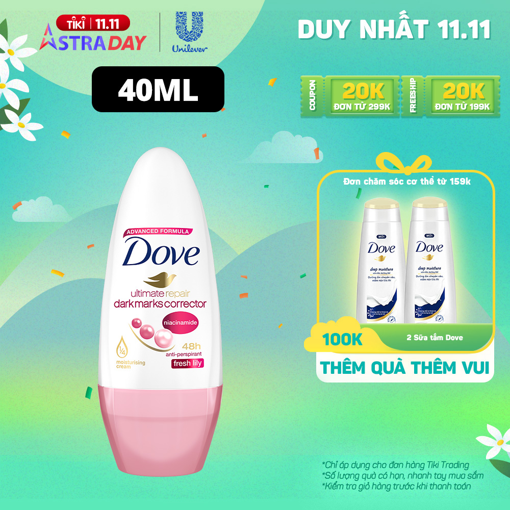 Lăn ngăn mùi giảm thâm &amp; dưỡng sáng đều màu Dove Fresh Lily 40ml