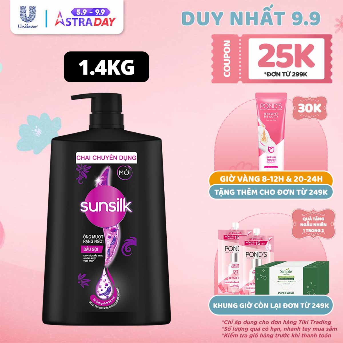 Dầu gội Sunsilk Óng Mượt Rạng Ngời 1.4kg giúp tóc chắc khoẻ, bóng mượt với Bồ Kết, dầu Hạnh Nhân, Protein Gạo Đen và Vitamin E