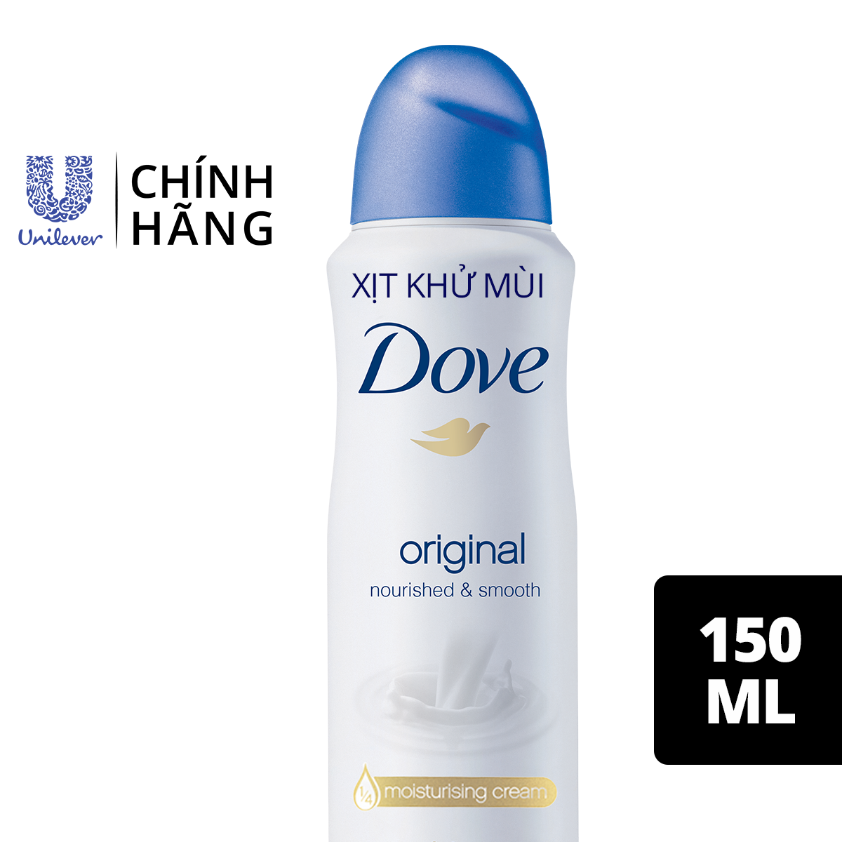 Xịt khử mùi Dove Original Nourished &amp; Smooth Hương dịu nhẹ Dưỡng da Sáng mịn dành cho nữ, 150ml