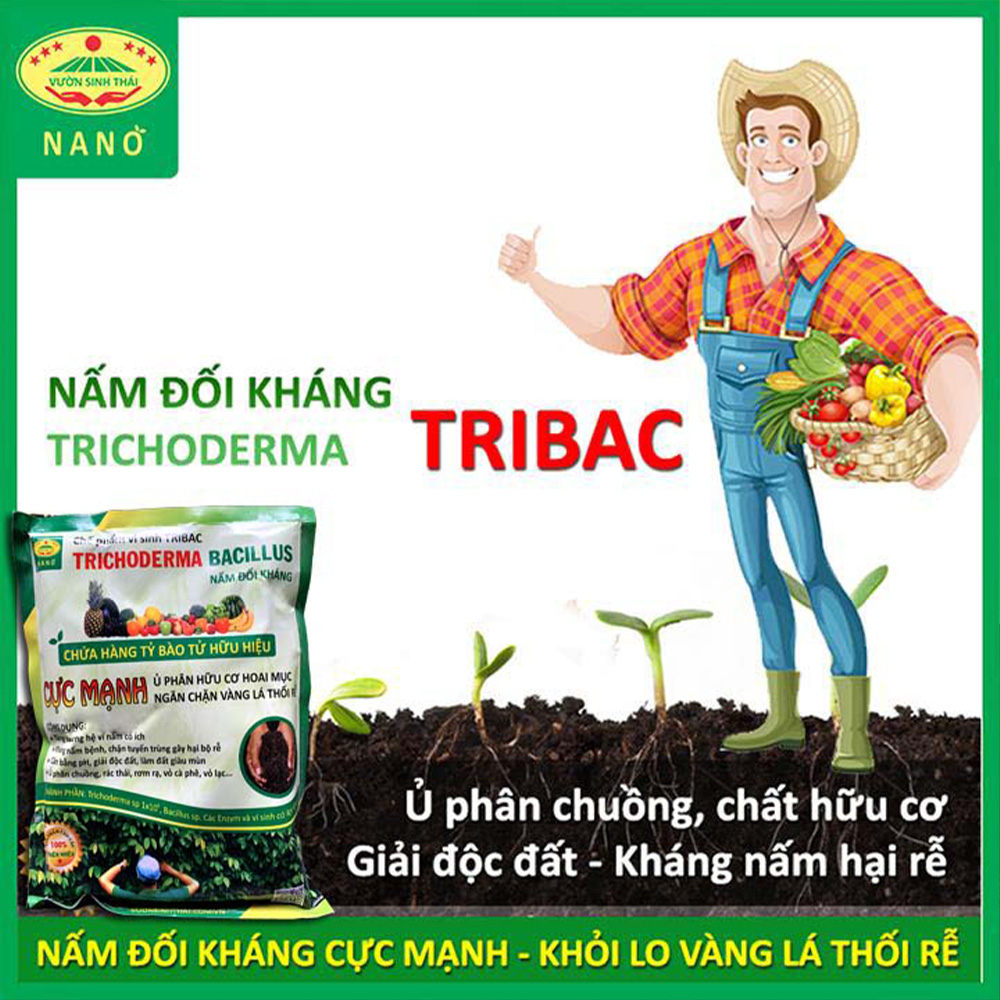 1kg Chế phẩm vi sinh Trichoderma TRIBAC. Nấm Đối Kháng cực mạnh. Ngăn chặn tuyến trùng, nấm bệnh gây vàng lá thối rễ. Ủ phân chuồng hoai mục