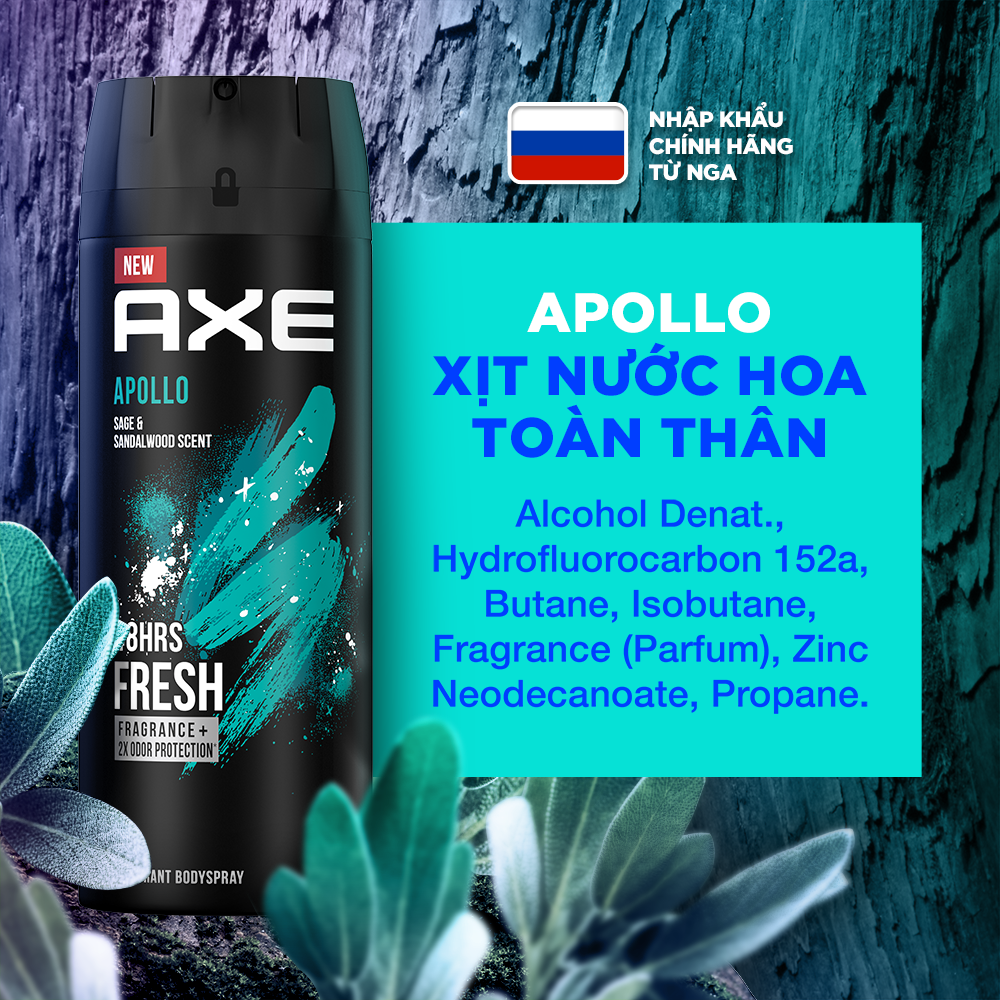 Xịt nước hoa toàn thân Axe Apollo Khử mùi cho nam Hương thơm hoang dại nồng nàn từ thảo mộc & đàn hương 135ml