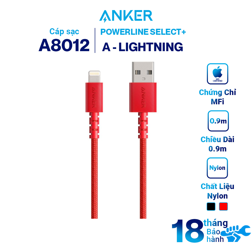Dây Cáp Sạc Lightning Chuẩn MFi Cho iPhone Anker Lightning PowerLine Select+ A8012 0.9m / A8013 1.8m - Hàng Chính Hãng