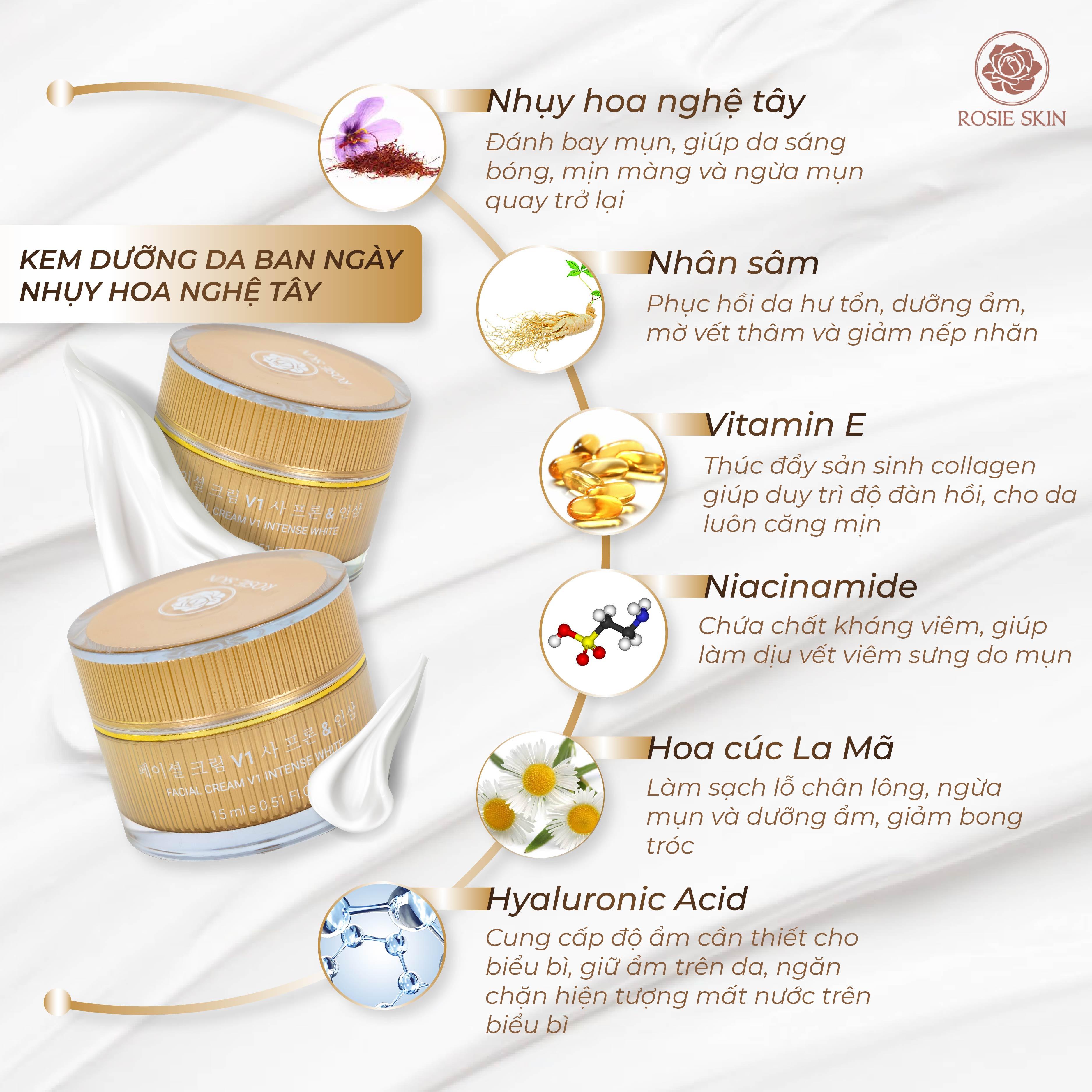 Kem Dưỡng Trắng Da Mặt Ban Ngày Tinh Chất Nhụy Hoa Nghệ Tây Rosie Skin - FACIAL CREAM v1 INTENSE WHITE 15ml