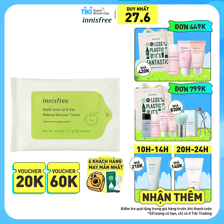 Khăn Ướt Tẩy Trang Innisfree Apple Seed Cleansing Tissue (30 Tờ) - 131171064