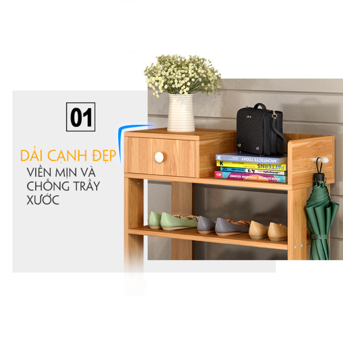 Kệ để giày bằng gỗ, A240 kiểu đứng 5 tầng , cao 80cm x rộng 60cm x sâu 24cm, chất gỗ tự nhiên, dễ phân loại sắp xếp nhiều loại giày dép, có thêm ngăn tủ nhỏ, treo thêm được áo mưa, ô dù