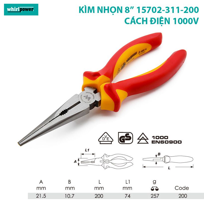 KÌM MŨI NHỌN 8&quot; CÁCH ĐIỆN 1000V WHIRLPOWER 15702-311-200