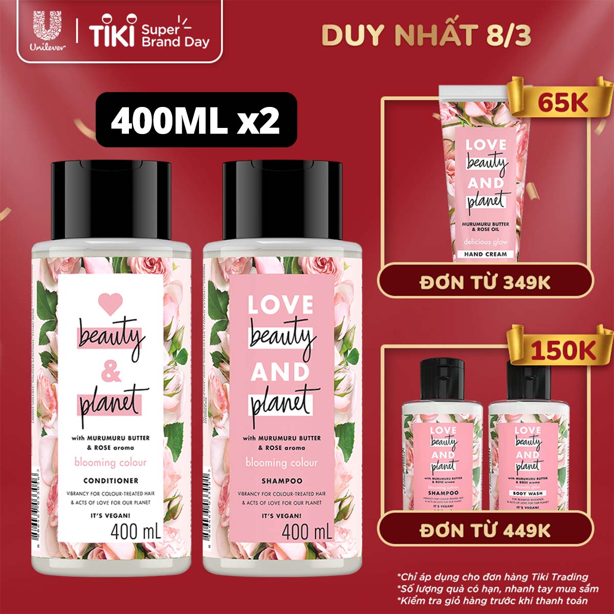 Combo 400ml x2 Dầu Gội Và Dầu Xả Love Beauty And Planet Óng Mượt Rạng Rỡ Với 100% Tinh Dầu Hoa Hồng Bulgaria Và Bơ Murumuru