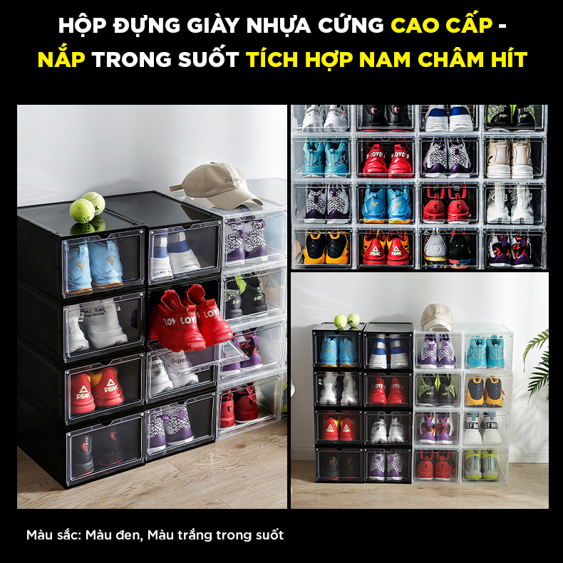 COMBO 5 HỘP ĐỰNG GIÀY NHỰA CỨNG CAO CẤP -NẮP TRONG SUỐT TÍCH HỢP NAM CHÂM HÍT-MÀU TRẮNG TRONG SUỐT