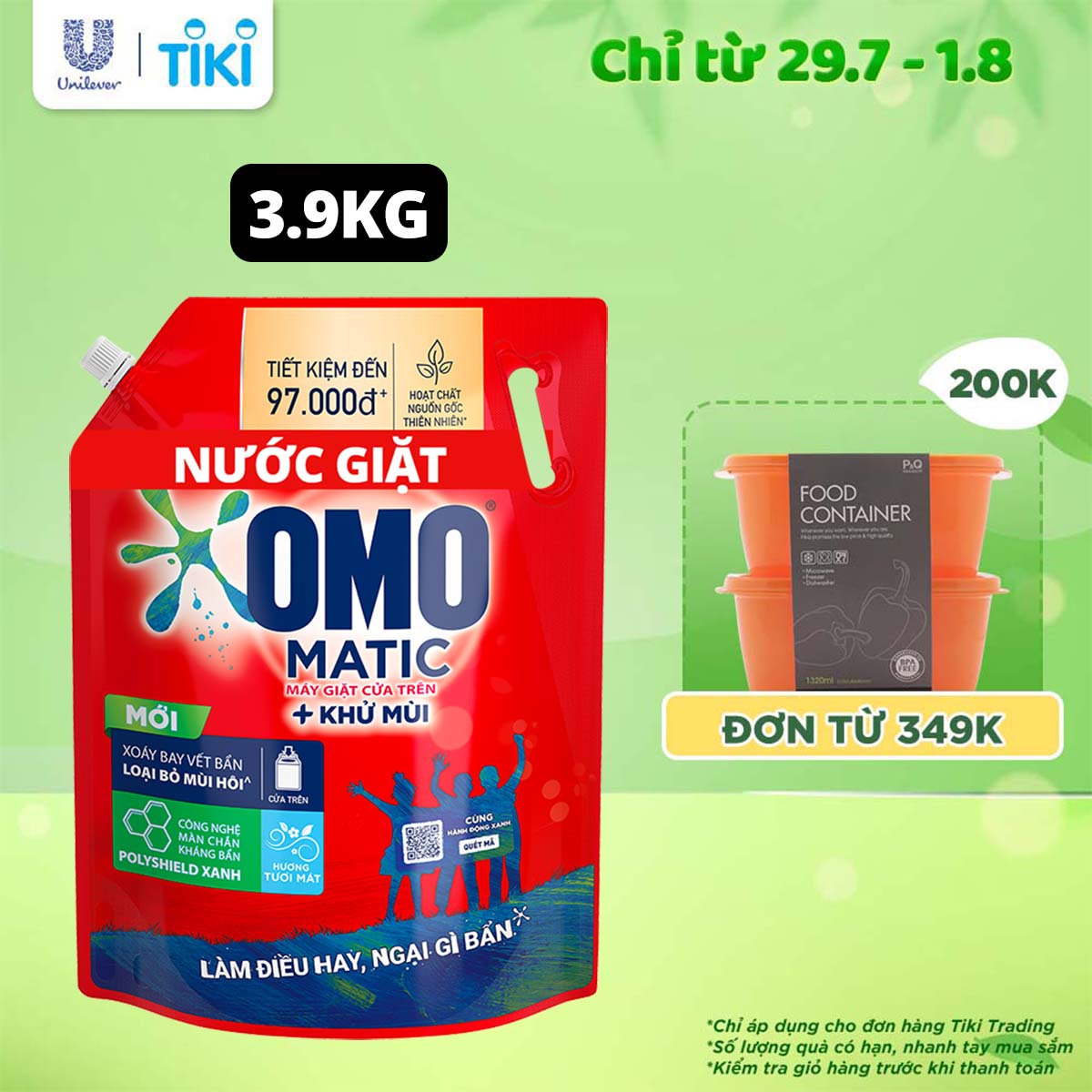 TúI Nước Giặt Omo Matic Cho Máy Giặt Cửa Trên Xoáy Bay Vết Bẩn Sạch Bẩn Khử Mùi Toàn Diện 3.9Kg