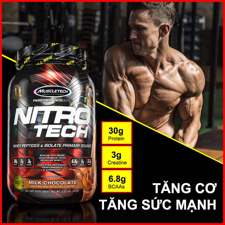 Sữa WHEY PROTEIN Tăng Cơ Tăng sức mạnh Nitro Tech 4lbs (1.81kg) - NHIỀU MÙI VỊ - KÈM QUÀ TẶNG – Bổ sung nguồn Protein chất lượng cao hỗ trợ phát triển cơ bắp to + dày - Hàng chính hãng - Thương hiệu Muscletech USA