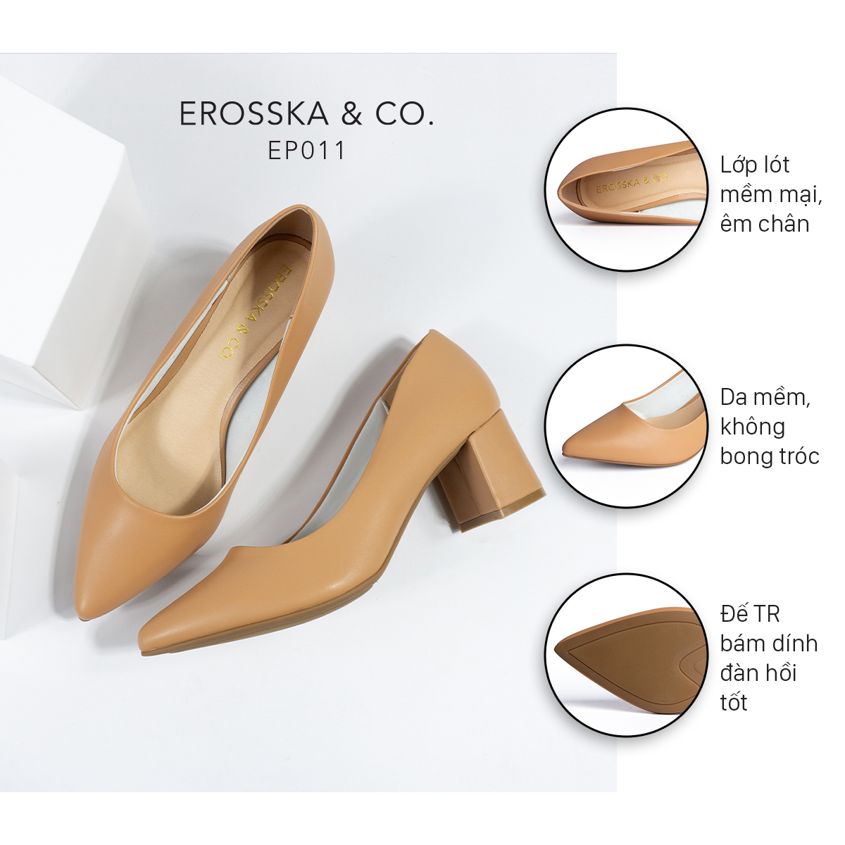 Giày cao gót Erosska thời trang mũi nhọn gót vuông kiểu dáng cơ bản cao 5cm EP011