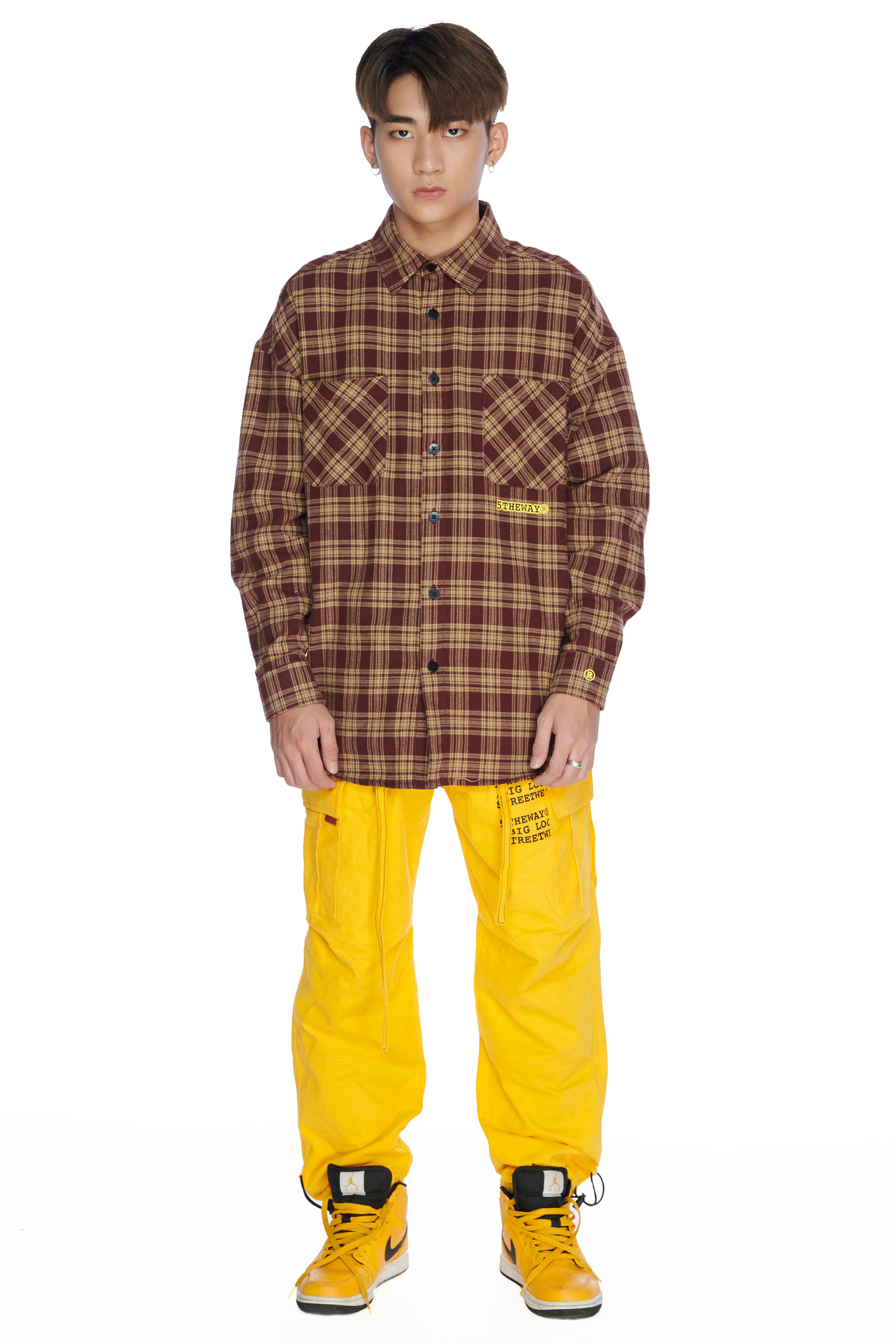 Áo Sơ Mi Flannel 5THEWAY Tay Dài Sọc Caro Nâu aka /stroke/ BIG LOGO FLANNEL SHIRT in BR/YE