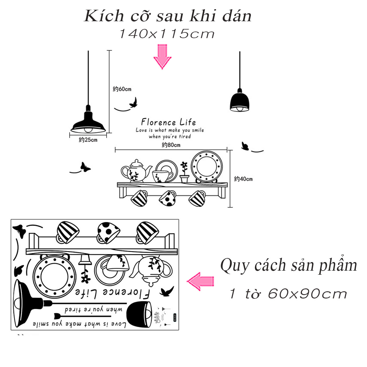 Decal dán tường trang trí phòng bếp- Kệ bếp và ấm chén- mã sp AY9138