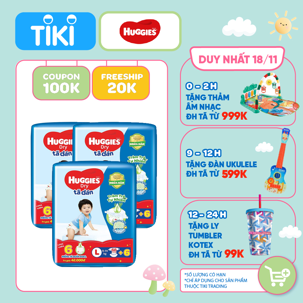 Combo 3 Tã dán HUGGIES DRY SUPER JUMBO Tràm Trà - L68 (9 - 14kg)  + Tặng 6 miếng