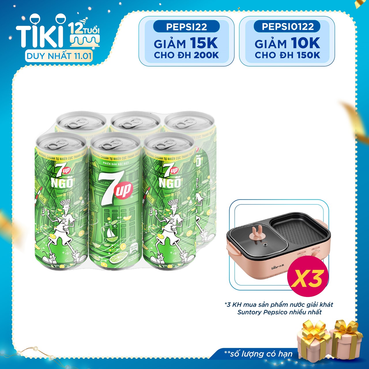 Lốc 6 Lon Nước Ngọt Có Gas 7Up (245ml/lon)