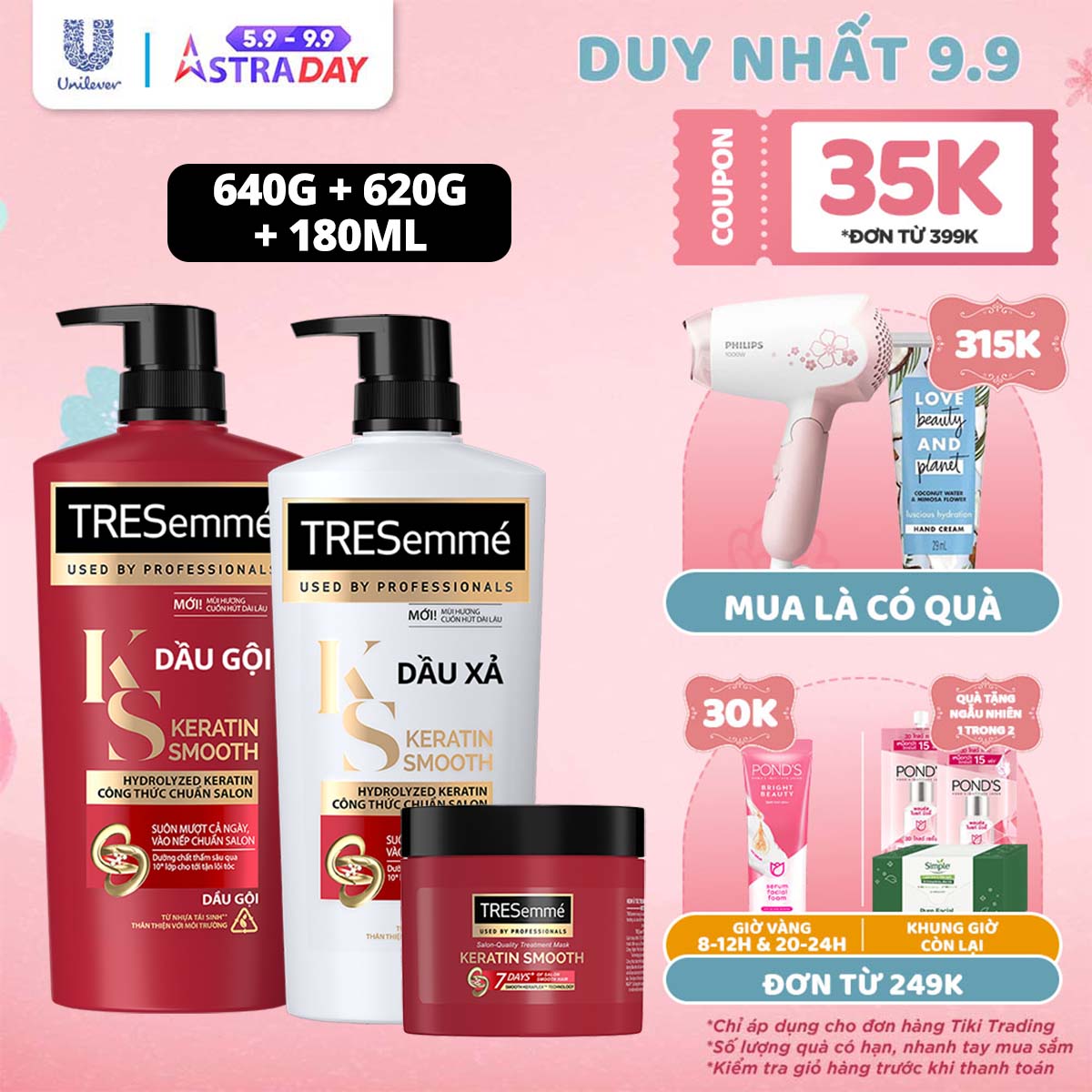 Combo Dầu gội, Dầu xả &amp; Kem ủ TRESEMME Keratin Smooth Dưỡng tóc vào nếp suôn mượt vào nếp suôn mượt Công thức chuẩn salon Hydrolyzed Keratin 640g, 620g, 180ml