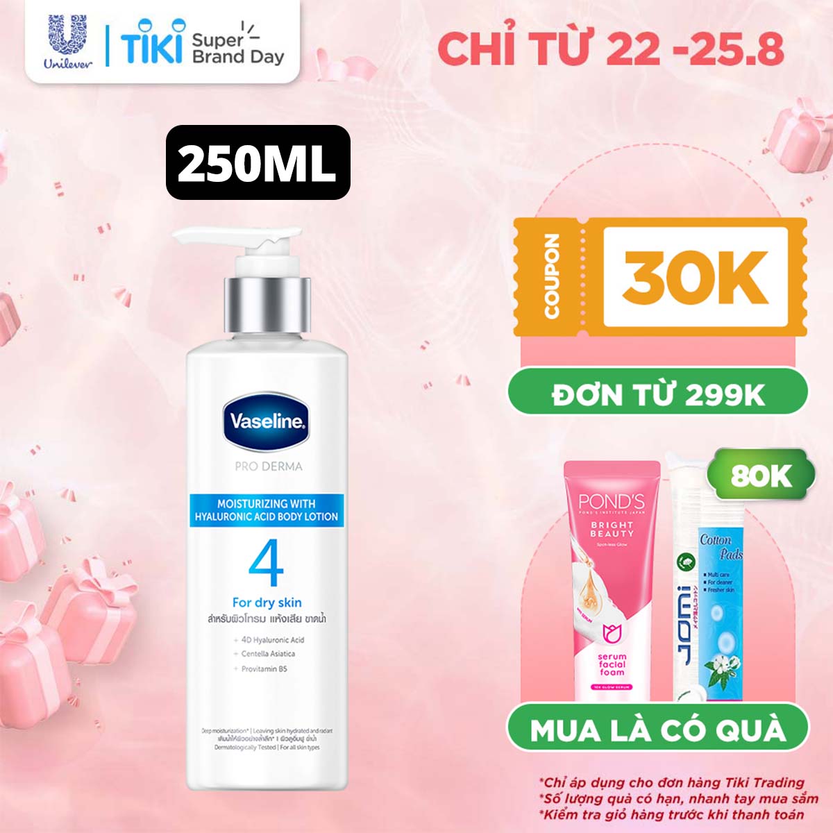 Sữa dưỡng thể 250ml Vaseline Pro Derma số 4 cấp ẩm với 4D HA