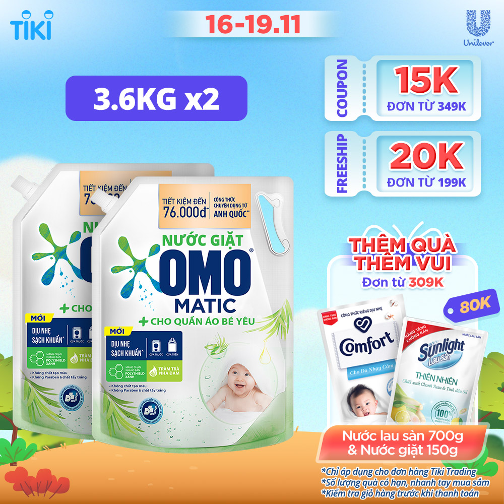 Combo 2 TúI Nước Giặt Omo Matic Cho Quần Áo Bé Yêu Chiết Xuất Tràm Trà Và Nha Đam Dịu Nhẹ, Sạsh Khuẩn , túi 3.6Kg