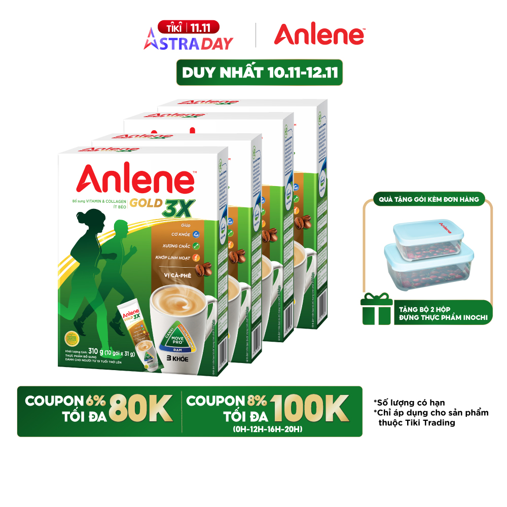 Combo 4 Sữa Bột Anlene Cà Phê Hộp 310g - Tặng set 2 hộp đựng thực phẩm Inochi