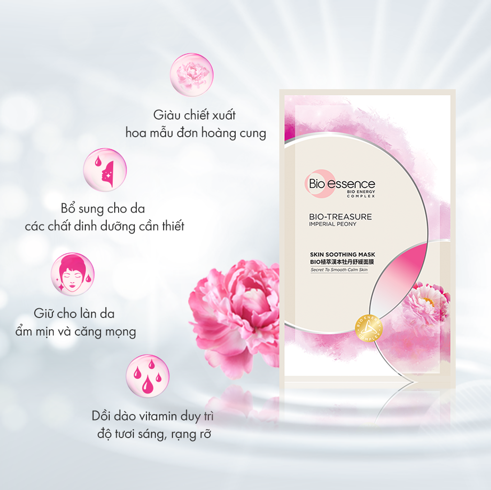 Hộp 12 miếng Mặt nạ dưỡng da tươi trẻ chiết xuất hoa mẫu đơn hoàng cung Bio-essence (12 miếng x 20ml)