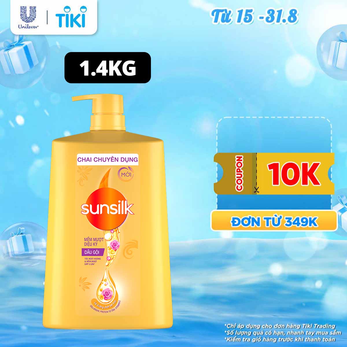 Dầu gội Sunsilk Mềm Mượt Diệu Kỳ 1.4kg giúp tóc ngát hương mềm mượt gấp 5 lần với dầu Argan, Protein Tơ Tằm và Vitamin C