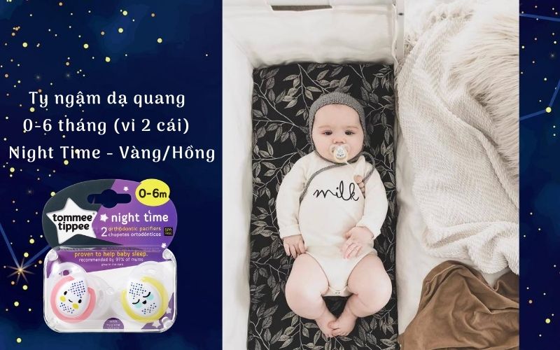 Ty ngậm dạ quang cho bé Tommee Tippee Night Time 0-6 tháng (vỉ 2 cái) - Vàng/Hồng