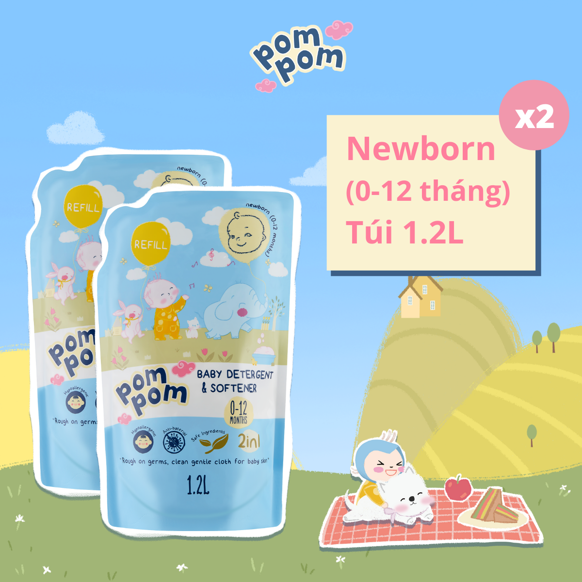 Combo 02 Túi 1.2L - Nước Giặt xả Pom Pom Newborn chuyên biệt dành cho bé sơ sinh (0 - 12 tháng)