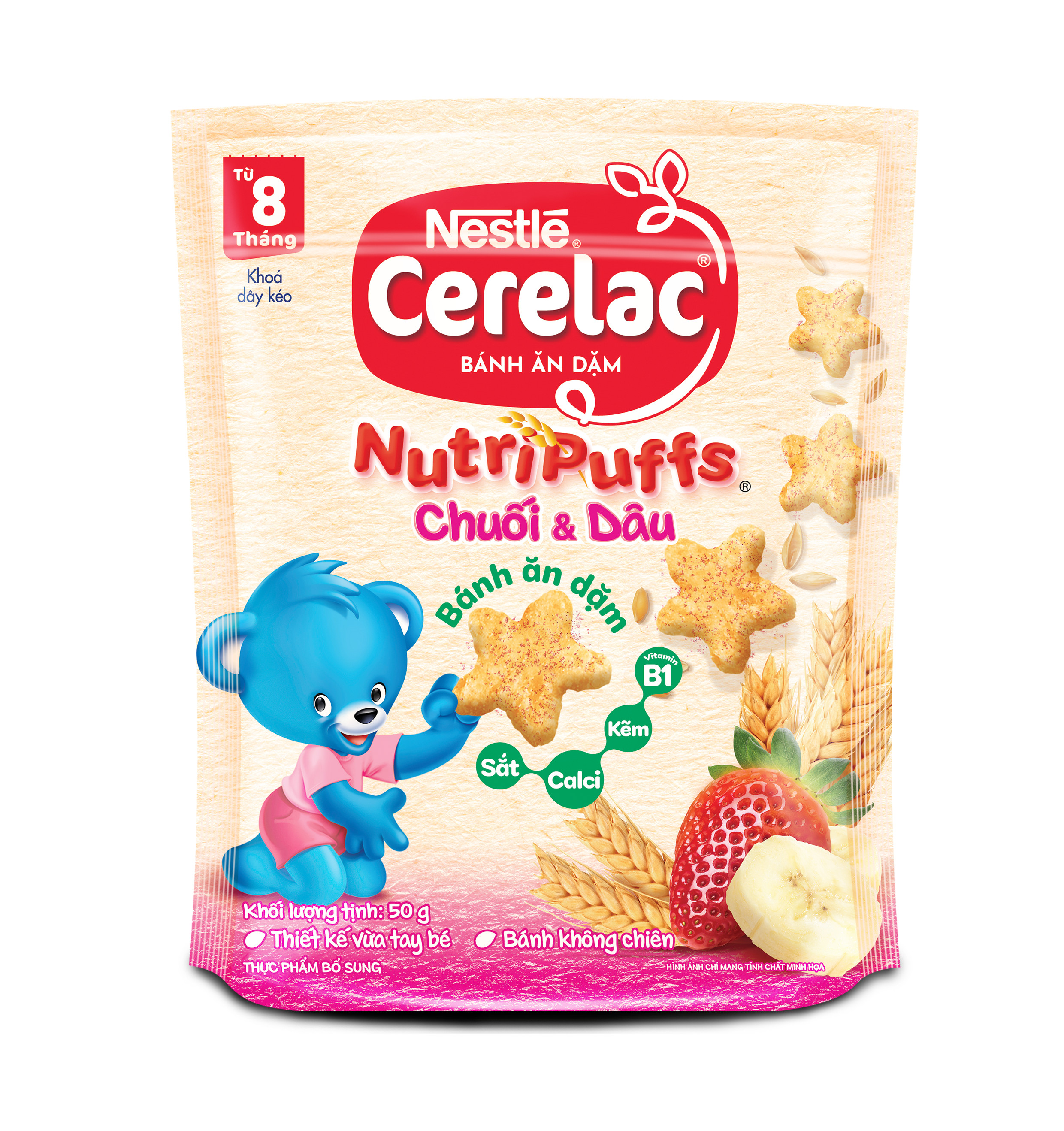 Bánh Ăn Dặm Nestlé CERELAC Nutripuffs Vị Chuối Dâu - Gói 50g