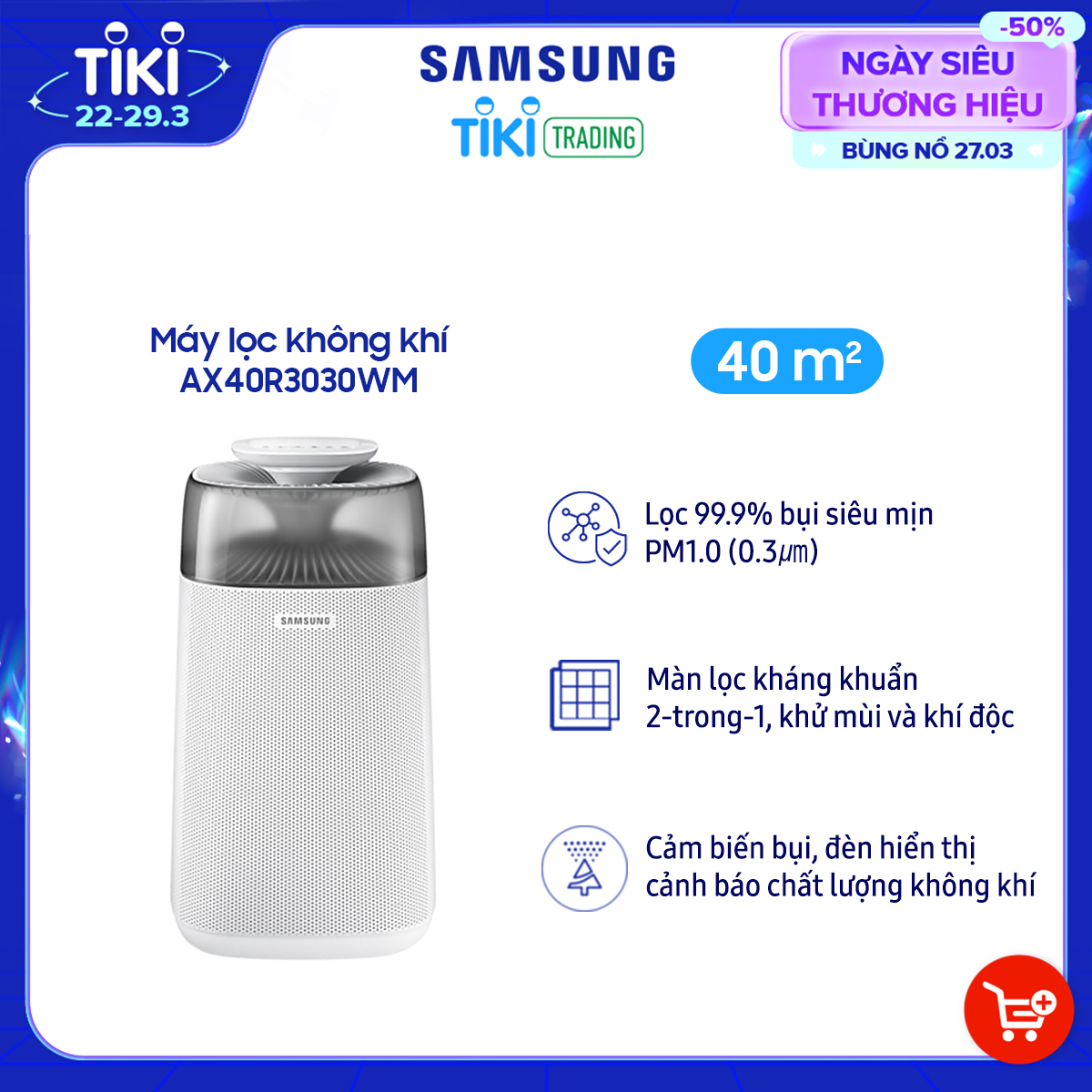 Máy lọc không khí Samsung AX40R3030WM/SV  (Diện tích sử dung 40m2 )- Hàng chính hãng