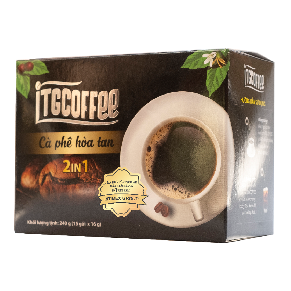Cà phê hòa tan ITGCOFFEE 2in1 - Cà phê đen, uống nóng/lạnh, có đường - Hộp 15 gói x 16g - Hương mạnh mẽ, vị đậm đà chuẩn gu Việt