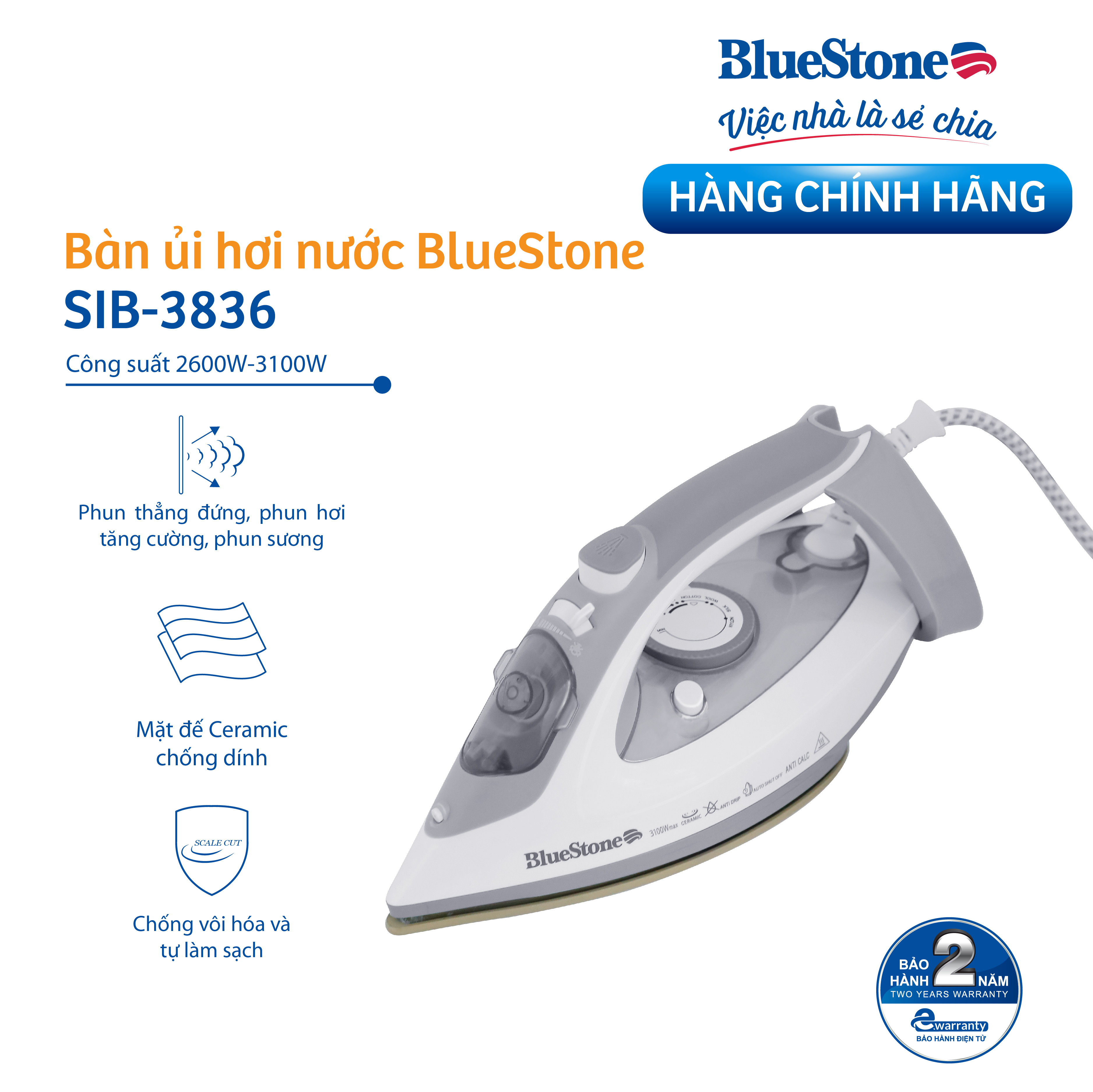 Bàn Ủi Hơi Nước BlueStone SIB-3836 (3100W) - Hàng chính hãng