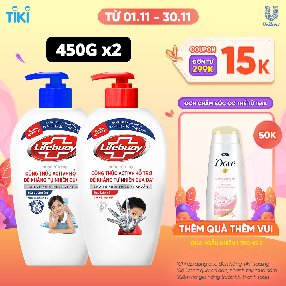 Combo 2 Nước rửa tay sạch khuẩn Lifebuoy Bạc Bảo Vệ và Sữa Dưỡng Ẩm Chai 450G