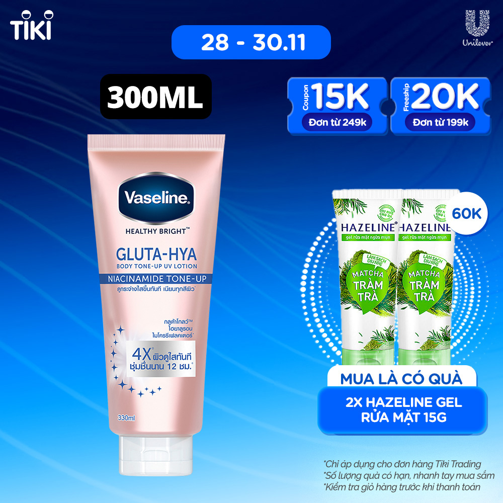 Vaseline Gluta-Hya Dưỡng Thể Nâng Tông Tức Thì Gấp 4 Lần 300ML