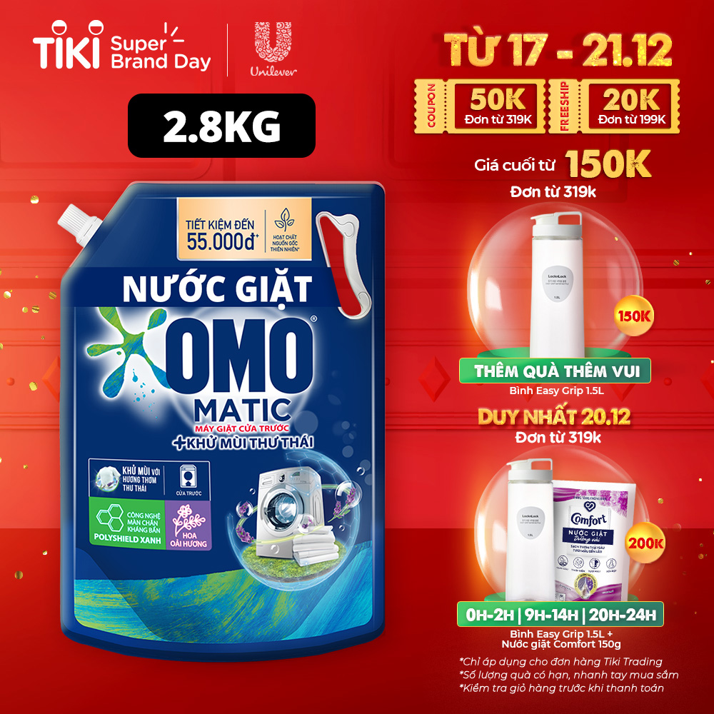 Túi Nước Giặt Omo Matic Cho Máy Giặt Cửa Trước Hương Lavender Khử MùI Thư TháI 2.8Kg