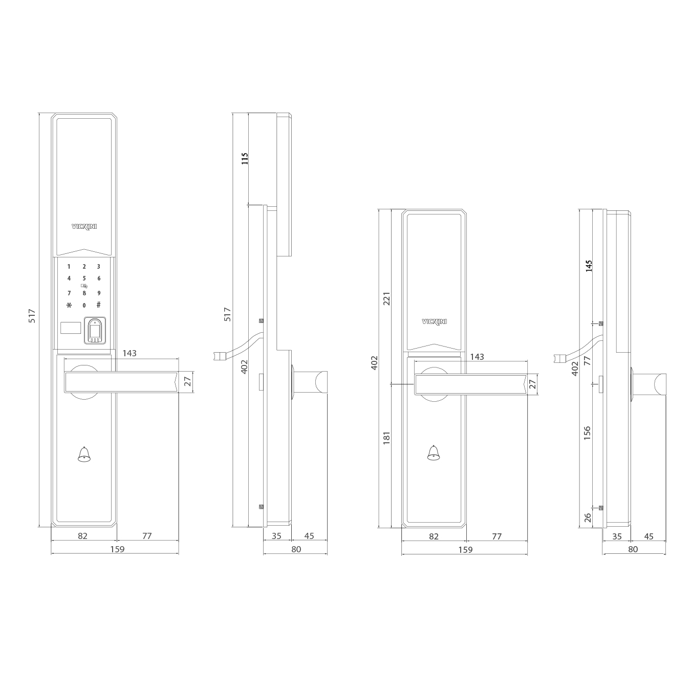 Khóa điện tử VICKINI 39801.001 CP crom bóng. Mở bằng vân tay, mật mã, thẻ từ, chìa cơ. Hàng chính hãng