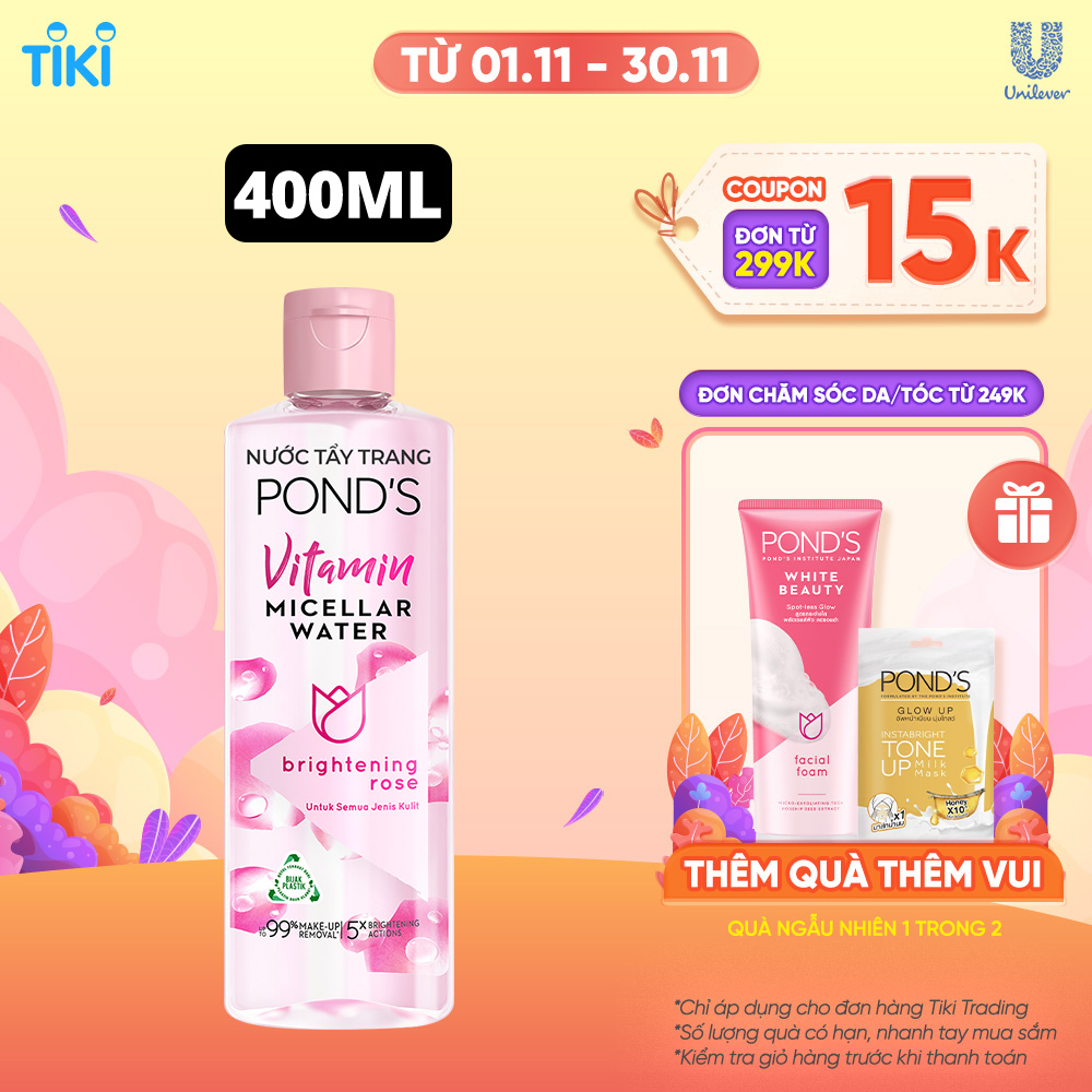 Nước tẩy trang Vitamin và hoa hồng POND'S Vitamin và hoa hồng sáng da Sạch 99% lớp trang điểm sáng da sạch sâu