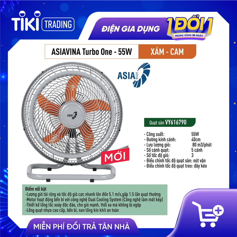Quạt sàn ASIAvina Turbo One VY616790 - Xám Cánh Cam - Hàng chính hãng
